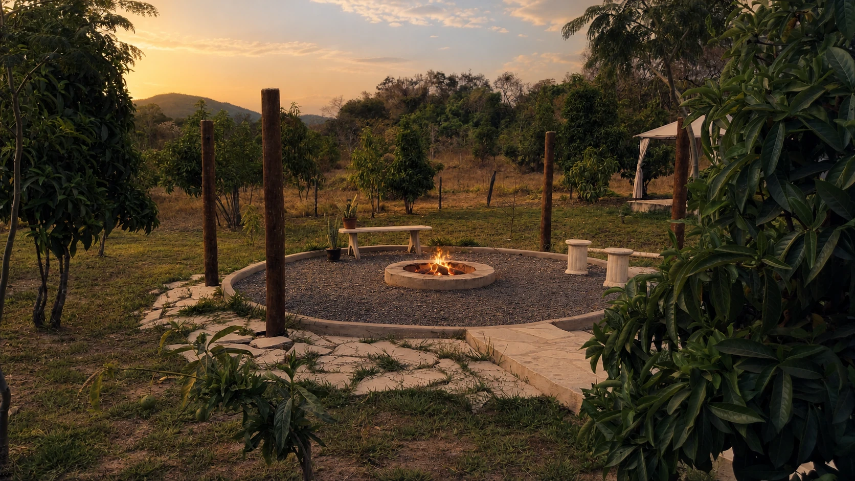 Roda de fogueira acesa ao entardecer no terreno da Quinta Dona Ditinha